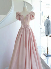 Pink Satin Long Short Sleeves Corset Prom Dress Party Dress, Pink Corset Formal Dress Corset Wedding Party Dress Outfits, Wedding Dress Vintage Style