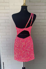 Pink Sequin One Shoulder Cutout Corset Homecoming Dress Gala Dresses Short Gowns, Homecoming Dress Cute