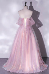 Pink Sequins Long A-Line Corset Prom Dress, Off the Shoulder Evening Party Dress Outfits, Bow Dress