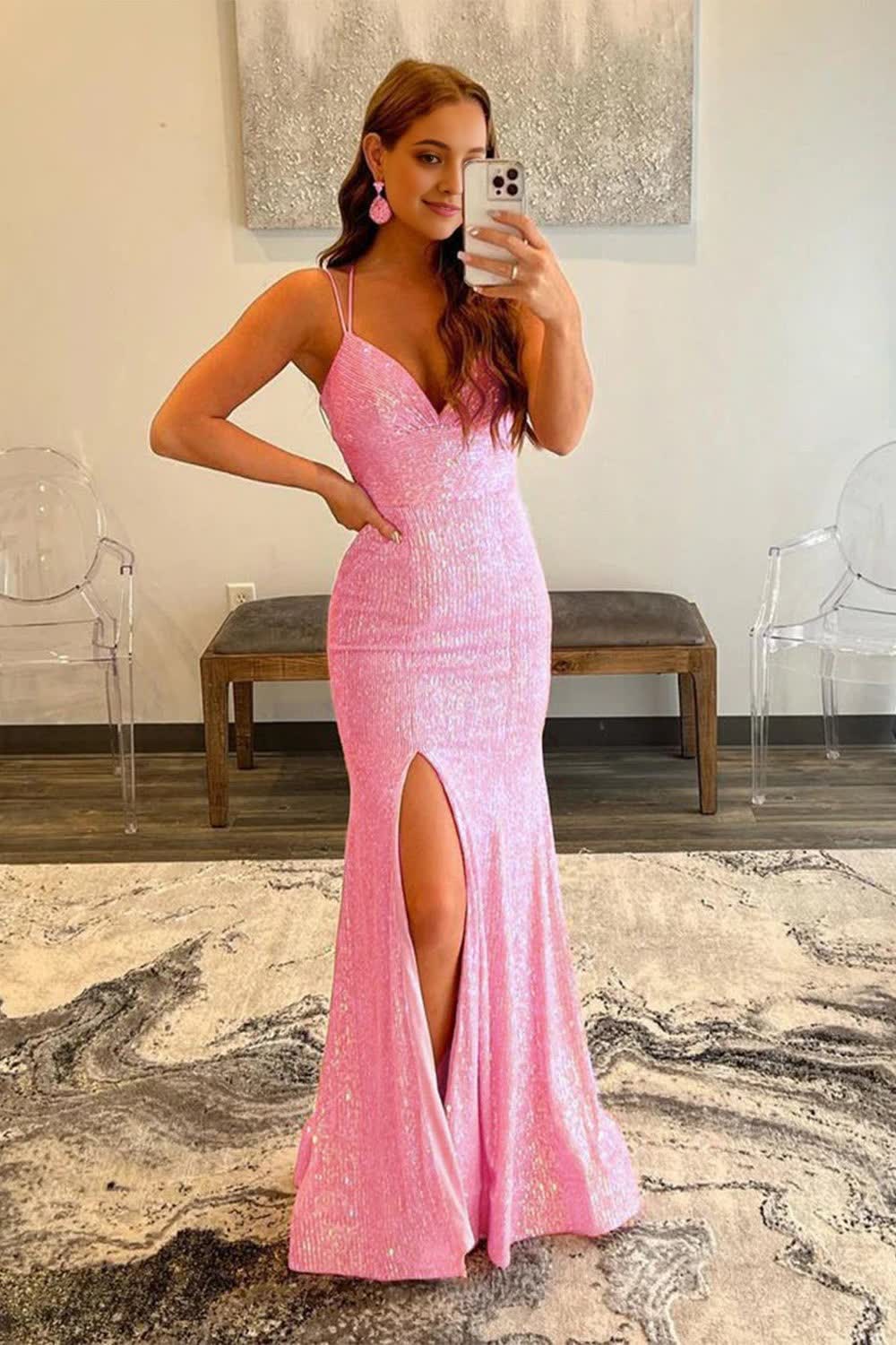 Pink Sequins Mermaid Corset Prom Dress outfits, Pink Sequins Mermaid Prom Dress