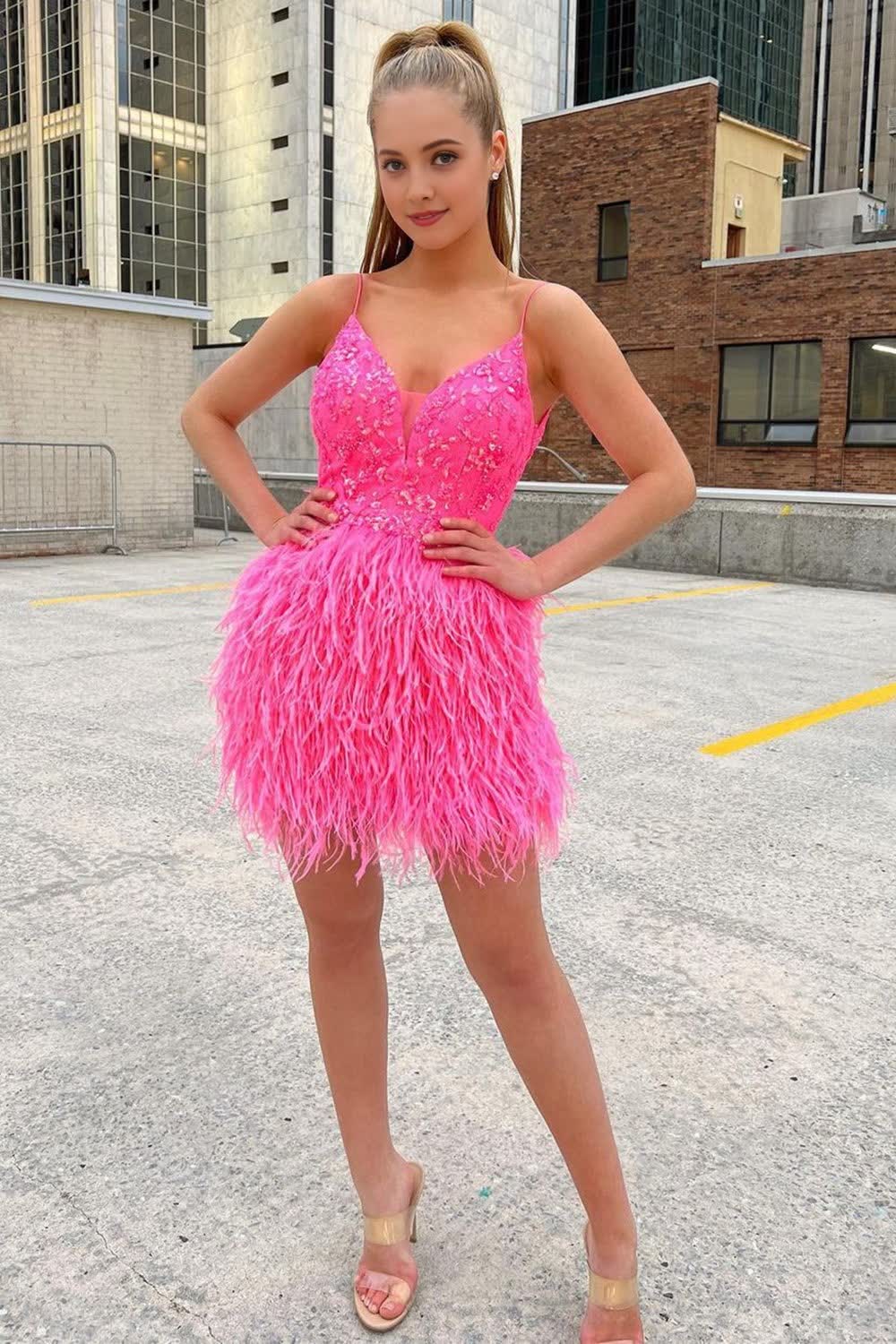 Pink Sequins Tight Corset Homecoming Dress with Feathers outfit, Pink Sequins Tight Homecoming Dress with Feathers