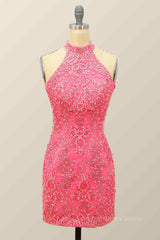 Pink Sheath Halter Sequin-Embroidered Cut-Out Mini Corset Homecoming Dress outfit, Formal Dresses Corset
