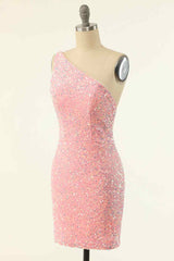 Pink Sheath One Shoulder Strap Back Sequins Mini Corset Homecoming Dress outfit, Formal Dresses Online