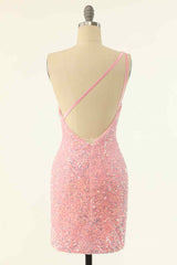 Pink Sheath One Shoulder Strap Back Sequins Mini Corset Homecoming Dress outfit, Formal Dress Ideas