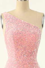 Pink Sheath One Shoulder Strap Back Sequins Mini Corset Homecoming Dress outfit, Formal Dress Idea