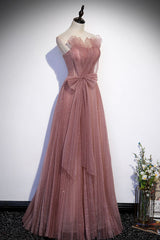 Pink Shiny Tulle Long A-Line Corset Prom Dress, Lovely Strapless Evening Dress outfit, Evening Dress Elegant