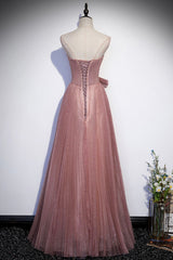Pink Shiny Tulle Long A-Line Corset Prom Dress, Lovely Strapless Evening Dress outfit, 2034 Prom Dress