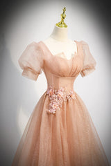 Pink Short Sleeves Tulle Party Dress, A-line Flower Lace Corset Prom Dress outfits, Party Dress Lace