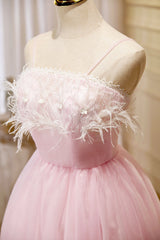 Pink Spaghetti Strap Tulle Short Corset Prom Dress with Feather, Pink Party Dress Outfits, Party Dresses Night