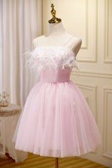 Pink Spaghetti Strap Tulle Short Corset Prom Dress with Feather, Pink Party Dress Outfits, Party Dresses Classy Elegant