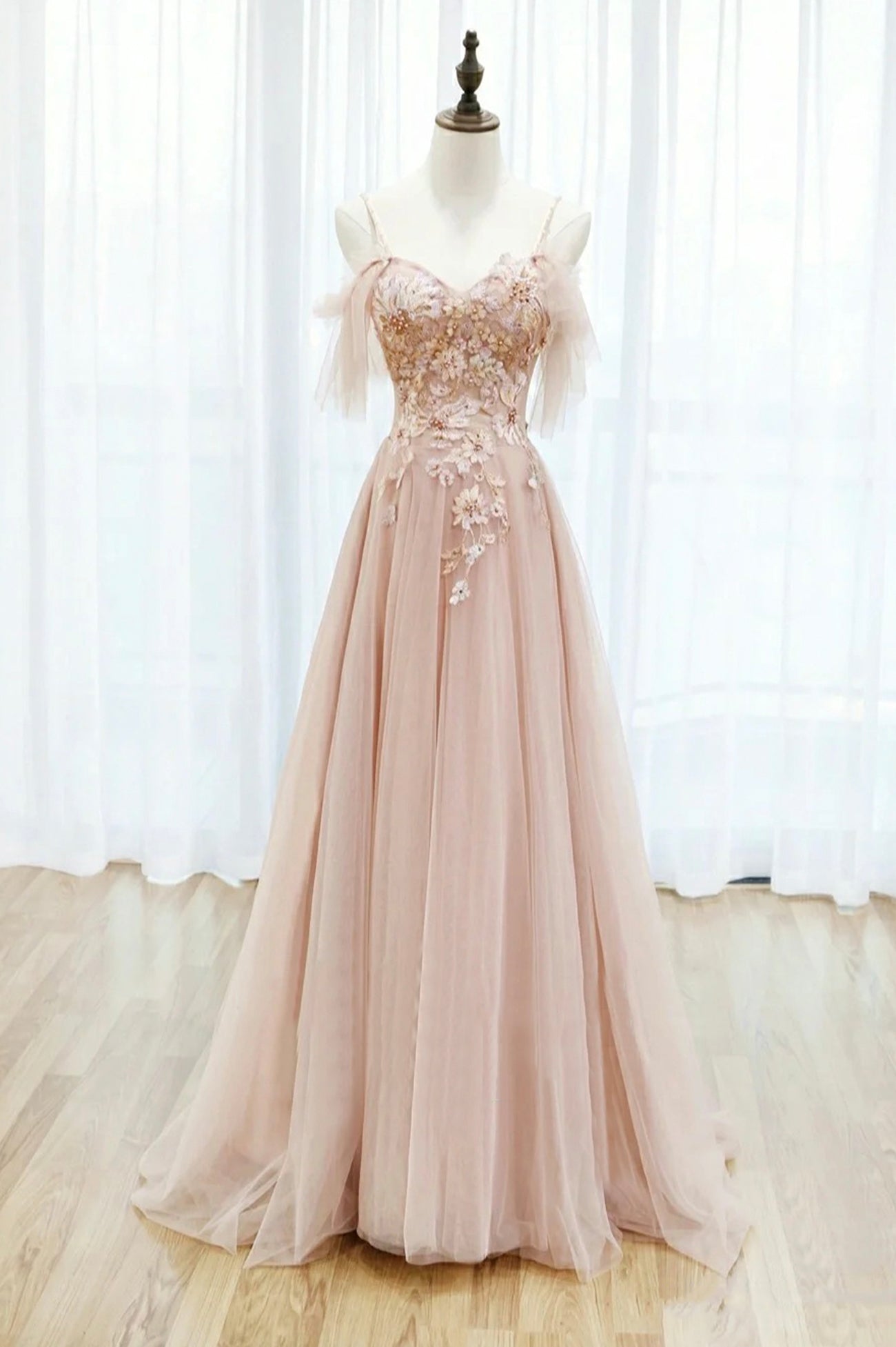 Pink Spaghetti Straps Lace Long Corset Prom Dress, A-Line Evening Graduation Dress outfits, Casual Gown