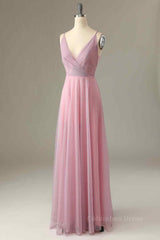 Pink Sparkly A-line V Neck Pleated Long Corset Bridesmaid Dress outfit, Prom Ideas