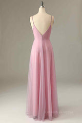 Pink Sparkly A-line V Neck Pleated Long Corset Bridesmaid Dress outfit, Cute Summer Dress