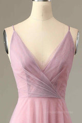 Pink Sparkly A-line V Neck Pleated Long Corset Bridesmaid Dress outfit, Homecoming