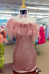 Pink Sparkly Tight Sequins Corset Homecoming Dress with Feathers outfit, Pink Sparkly Tight Sequins Homecoming Dress with Feathers