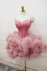 Pink Sweetheart Neck Tulle Party Dress, A Line Short Corset Prom Dress with Feather outfit, Simple Prom Dress