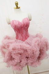 Pink Sweetheart Neck Tulle Party Dress, A Line Short Corset Prom Dress with Feather outfit, Mismatched Bridesmaid Dress