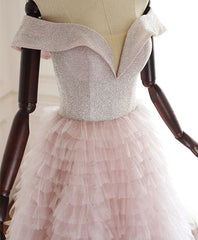 Pink Sweetheart Off Shoulder Tulle Long Corset Prom Dress Pink Evening Dress outfit, Prom Dresses Designer