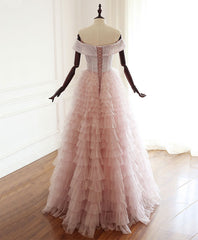 Pink Sweetheart Off Shoulder Tulle Long Corset Prom Dress Pink Evening Dress outfit, Prom Dress Design