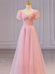 Pink Sweetheart Short Sleeves Long A-line Corset Prom Dress, Pink Evening Gowns outfit, Evening Dress Gold