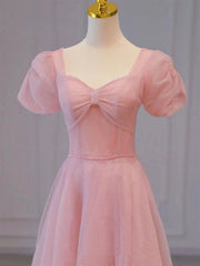 Pink Sweetheart Short Sleeves Long A-line Corset Prom Dress, Pink Evening Gowns outfit, Evening Dresses Yellow