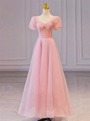 Pink Sweetheart Short Sleeves Long A-line Corset Prom Dress, Pink Evening Gowns outfit, Evening Dresses Suits