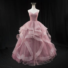 Pink Sweetheart Tulle Long Evening Dress Corset Prom Dress, Pink Sweet 16 Gown outfit, Evening Dresses Red