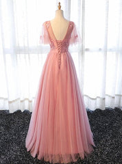 Pink Tulle A-line Long Party Dress, Pink Corset Bridesmaid Dress outfit, Dress Ideas