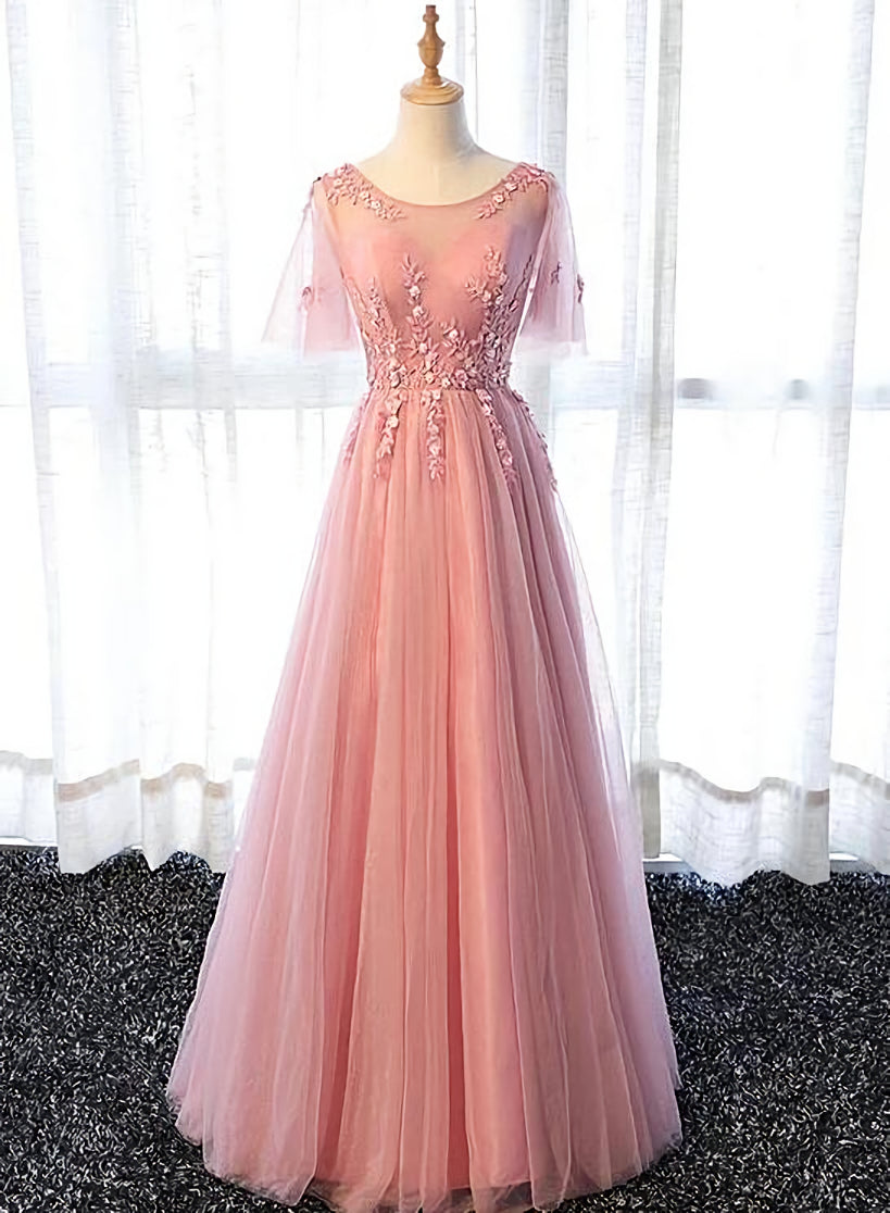 Pink Tulle A-line Long Party Dress, Pink Corset Bridesmaid Dress outfit, Prom Dress Red