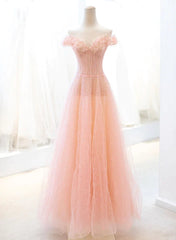 Pink Tulle A-line Long Corset Prom Dress with Sequins, Off Shoulder Evening Dresses outfit, Formal Dress Short