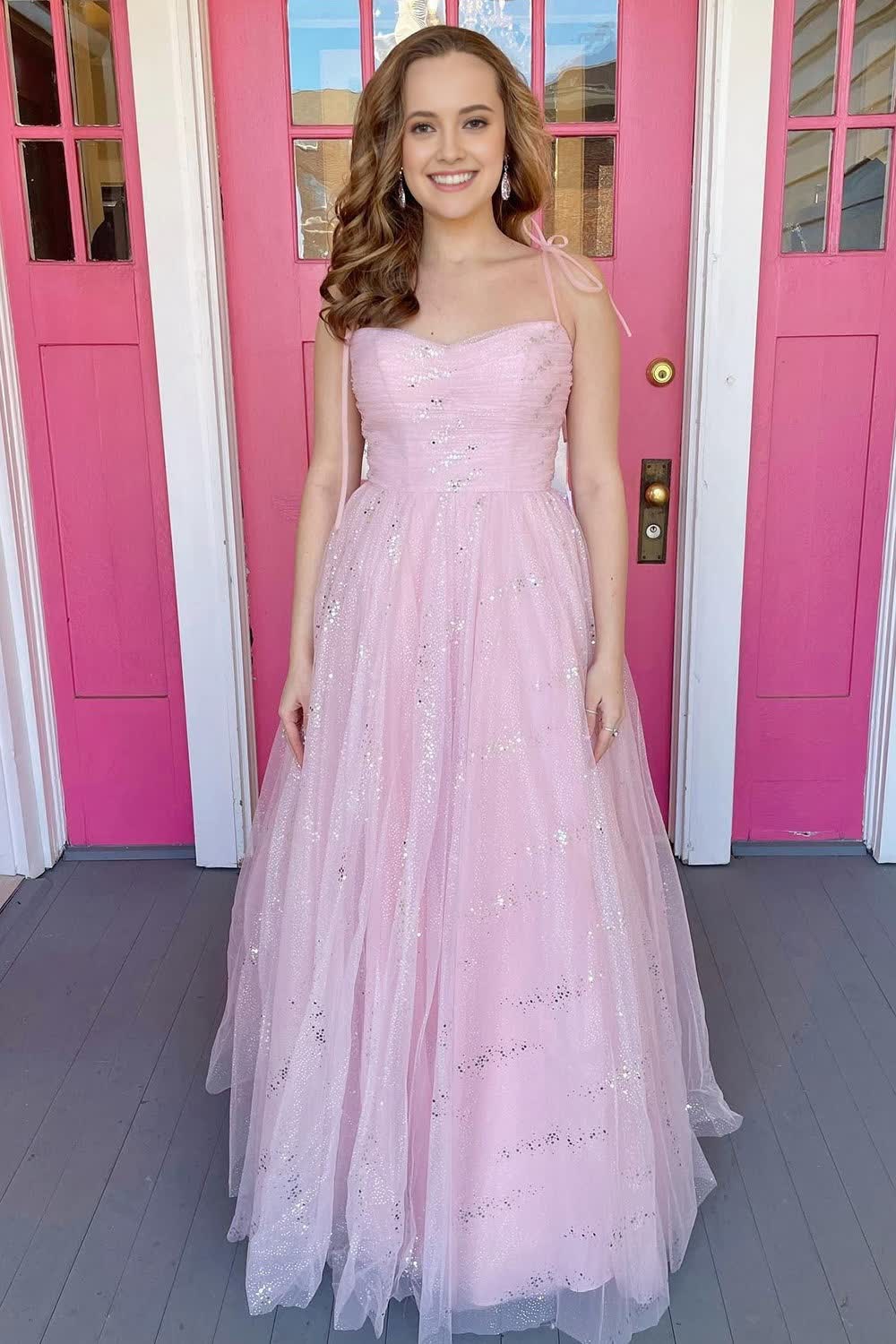 Pink Tulle A-Line Corset Prom Dress outfits, Pink Tulle A-Line Prom Dress