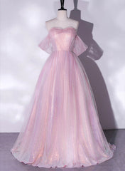 Pink Tulle and Sequins Sweetheart Long Party Dress, A-line Pink Corset Prom Dress outfits, Long Dress