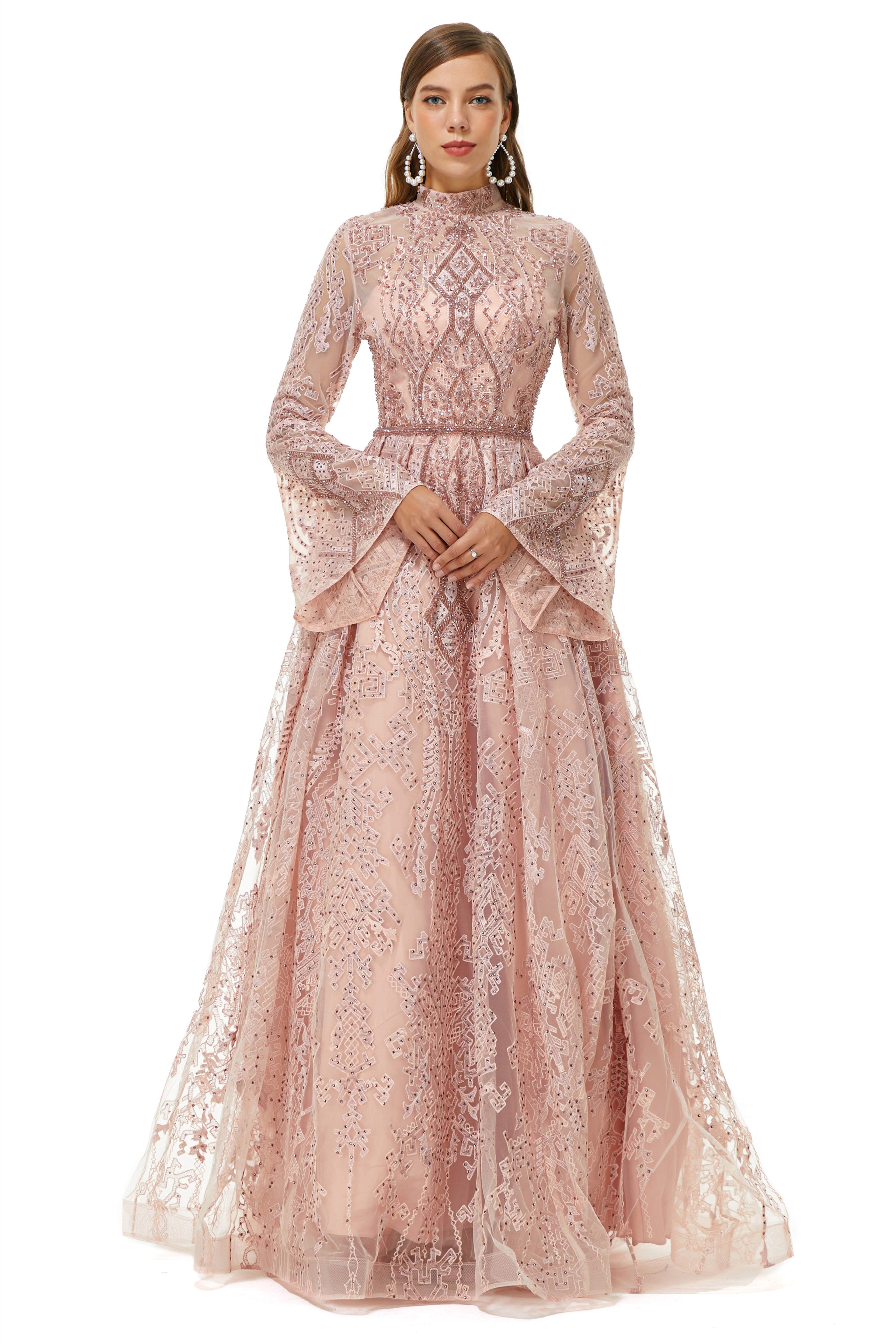 Pink Tulle Appliques High Neck Long Sleeve Beading Corset Prom Dresses outfit, Dressy Outfit