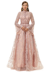 Pink Tulle Appliques High Neck Long Sleeve Beading Corset Prom Dresses outfit, Dressy Outfit