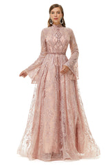 Pink Tulle Appliques High Neck Long Sleeve Beading Corset Prom Dresses outfit, Modest Dress