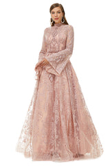 Pink Tulle Appliques High Neck Long Sleeve Beading Corset Prom Dresses outfit, Club Outfit For Women