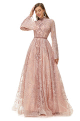 Pink Tulle Appliques High Neck Long Sleeve Beading Corset Prom Dresses outfit, Prom Dress Pink
