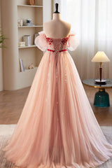 Pink Tulle Beaded Long Corset Prom Dress, A-Line Off Shoulder Evening Party Dress Outfits, Bridesmaid Dress With Sleeve