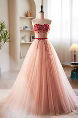 Pink Tulle Beaded Long Corset Prom Dress, A-Line Off Shoulder Evening Party Dress Outfits, Bridesmaid Dresses With Sleeve