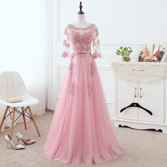 Pink Tulle Elegant Party Dress with Lace, Pink A-line Corset Formal Dress Corset Bridesmaid Dress outfit, Bridesmaid Dresses Quick Shipping
