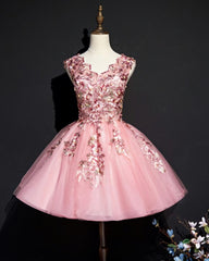 Pink Tulle Flowers Corset Homecoming Dress, Short Pink Teen Corset Formal Dress outfit, Party Dresses For Teenage Girl