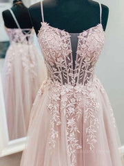 Pink tulle lace A line long Corset Prom dress, pink lace evening dress outfit, Prom Dress Guide