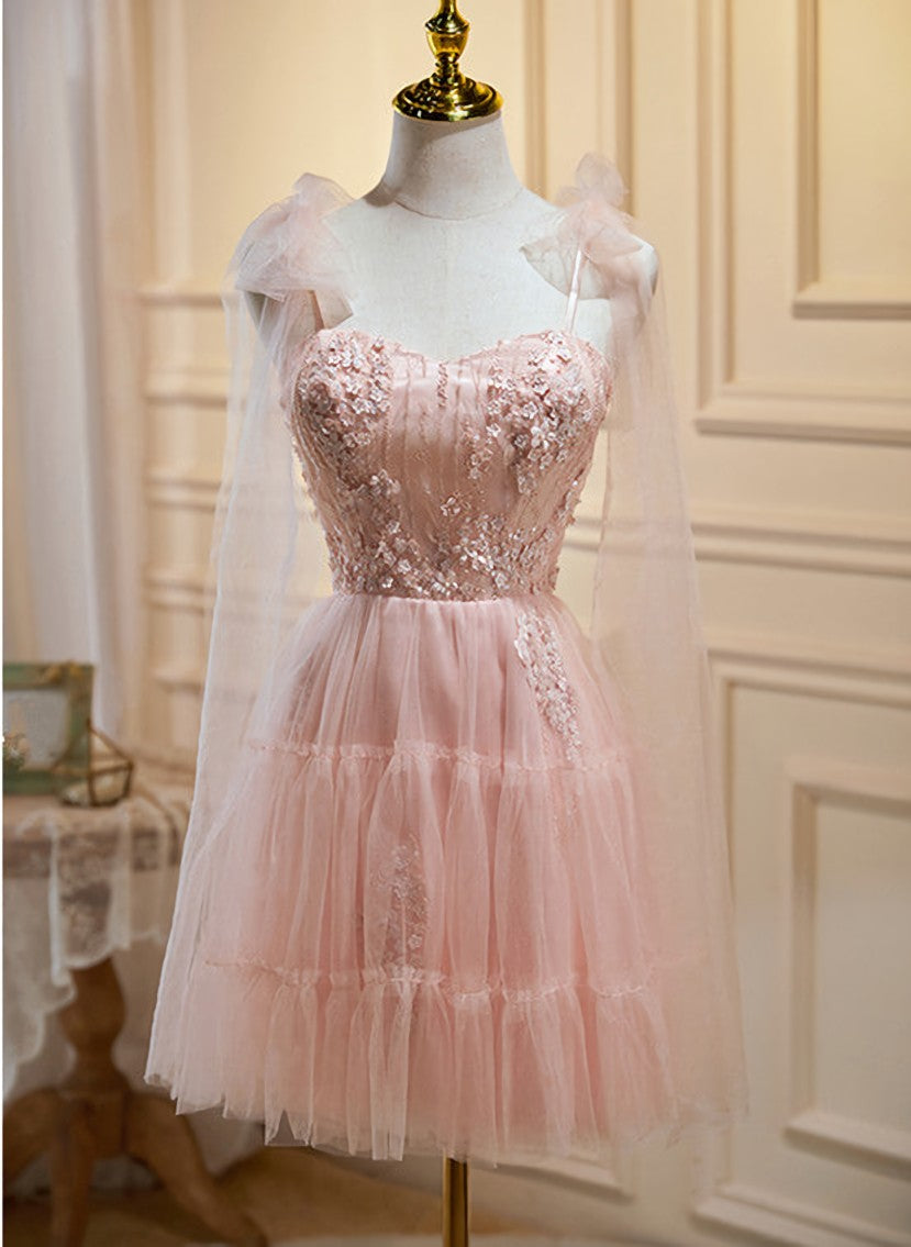 Pink Tulle Lace and Flowers Short Corset Homecoming Dress, Cute Pink Party Dress Outfits, Evenning Dress For Wedding Guest