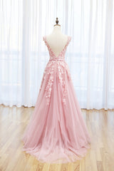 Pink Tulle Lace Long Corset Prom Dress, Lovely A-Line Open Back Evening Dress outfit, Party Dress A Line