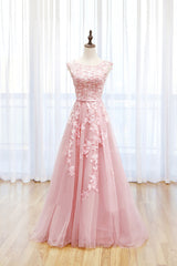 Pink Tulle Lace Long Corset Prom Dress, Lovely A-Line Open Back Evening Dress outfit, Party Dresses Ideas