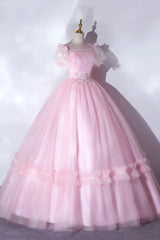 Pink Tulle Lace Long Corset Prom Dress, Lovely A-Line Short Sleeve Evening Dress outfit, Prom Dresses Modest