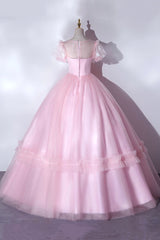 Pink Tulle Lace Long Corset Prom Dress, Lovely A-Line Short Sleeve Evening Dress outfit, Prom Dresses Curvy