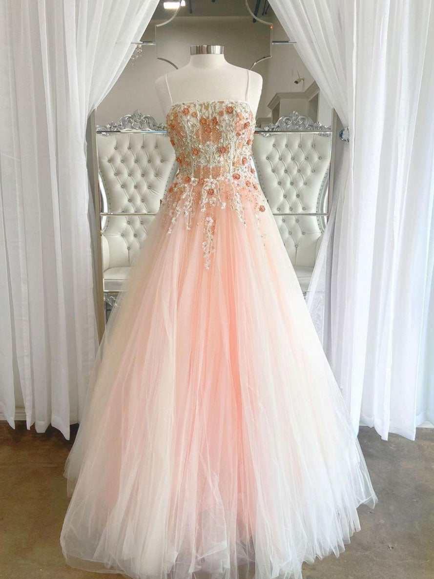 Pink tulle lace long Corset Prom dress, pink lace long evening dress outfit, Prom Dresses Stores