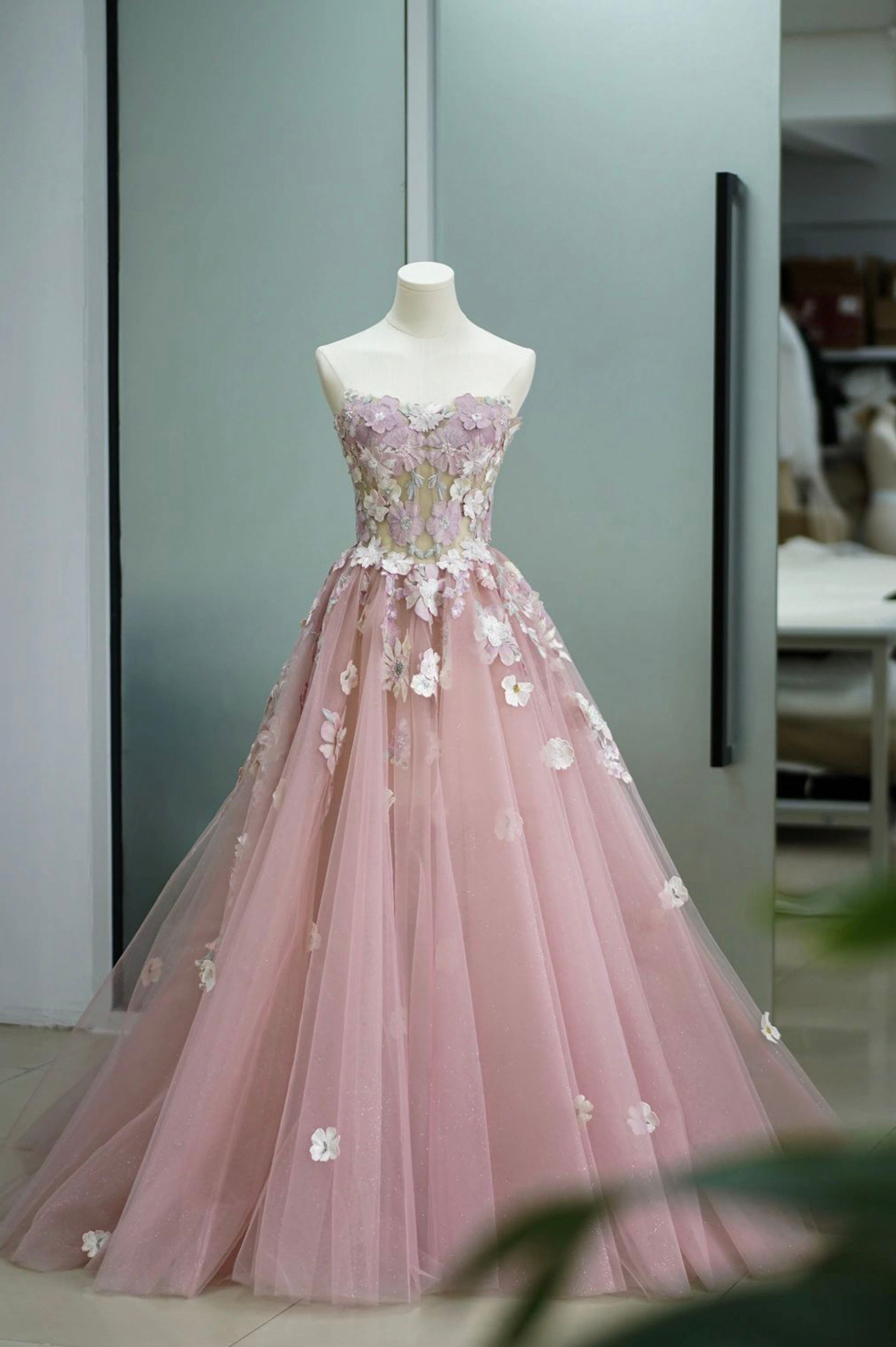 Pink Tulle Lace Long Corset Prom Dress, Strapless A-Line Evening Graduation Dress outfits, Evening Dresses Online