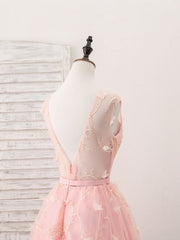Pink Tulle Lace Tea Length Corset Prom Dress, Pink Corset Homecoming Dress outfit, Dream